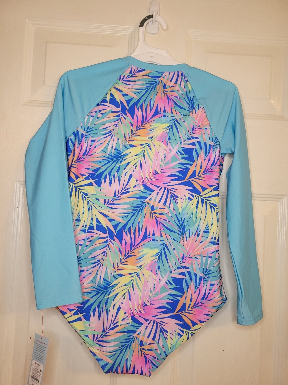 Cat & Jack Girls 14/XL Light Blue Tropical Print One Piece Rash Guard Swimsuit. - Picture 2 of 6